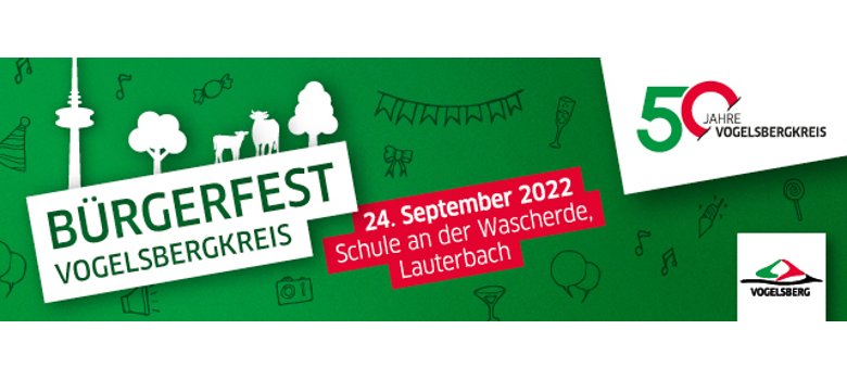 Infologo zum Bürgerfest anlässlich des 50. Jubiläums des Vogelsbergkreises. Am 24. September wird an der Schule an der Wascherde das Jubiläum gefeiert