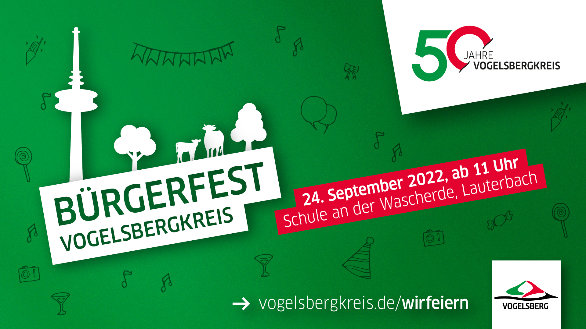 Infologo zum Bürgerfest anlässlich des 50. Jubiläums des Vogelsbergkreises. Am 24. September wird an der Schule an der Wascherde ein Bürgerfest gefeiert