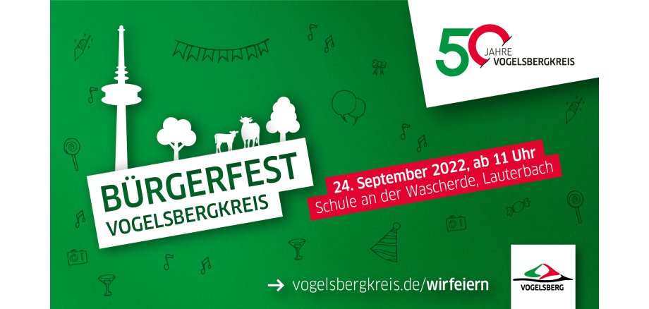 Infologo zum Bürgerfest anlässlich des 50. Jubiläums des Vogelsbergkreises. Am 24. September wird an der Schule an der Wascherde ein Bürgerfest gefeiert