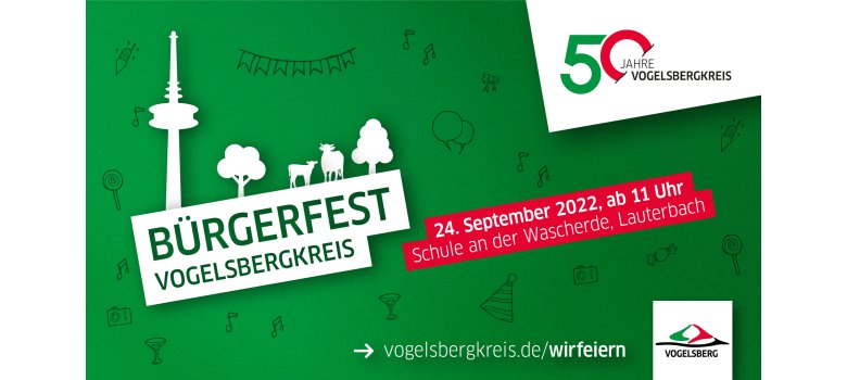 Infologo zum Bürgerfest anlässlich des 50. Jubiläums des Vogelsbergkreises. Am 24. September wird an der Schule an der Wascherde ein Bürgerfest gefeiert