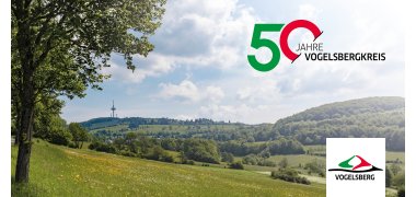 Ein Panoramabild mit Blick auf den Fernsehturm auf dem Hoherodskopf. Im Vordergrund sind Bäume und grüne Wiesen zu sehen