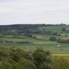 Panoramaaufnahme von der Gemarkung bei Maar. Viele Wiesen, Äcker, Hecken und einige Landmaschinen sind zu erkennen. 