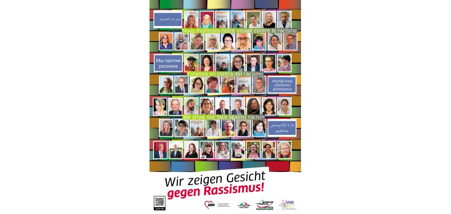 Plakat gegen Rassismus, auf dem die Köpfe von verschiedenen Menschen abgebildet sind