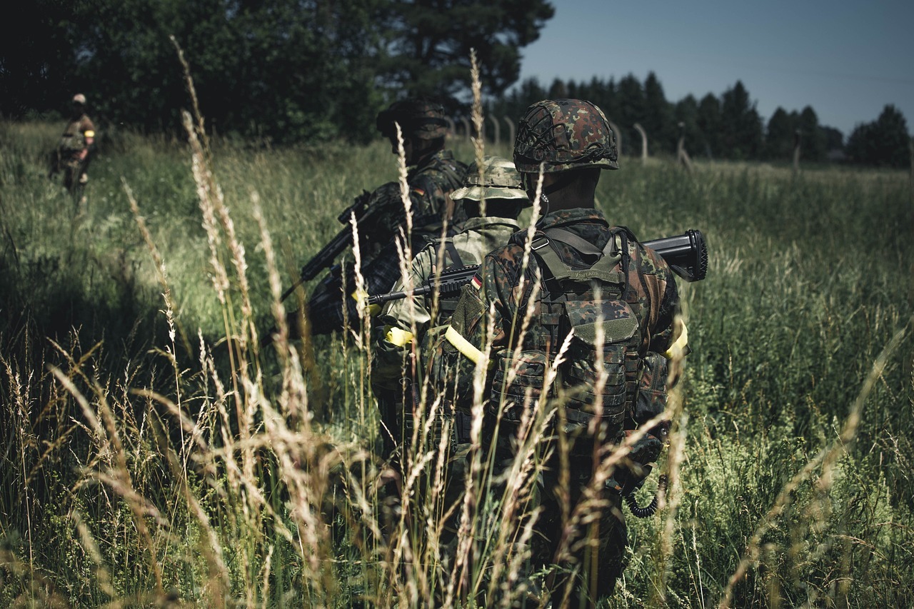 Soldaten in Tarnkleidung laufen durchs hohe Gras. Sie laufen mit dem Rücken zur Kamera.