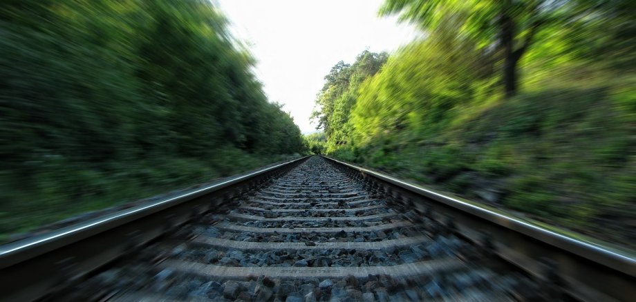Foto von einer Bahntrasse, die von grünen Hecken und Büschen eingerahmt ist.