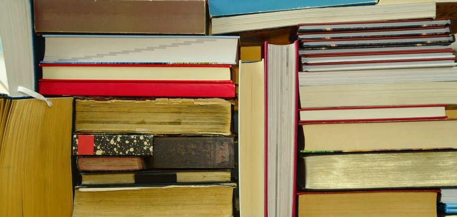 viele Bücher sind aufeinander gestapelt. die Stapel sind von unten fotografiert - es sind nur Buchunterseiten zu sehen.