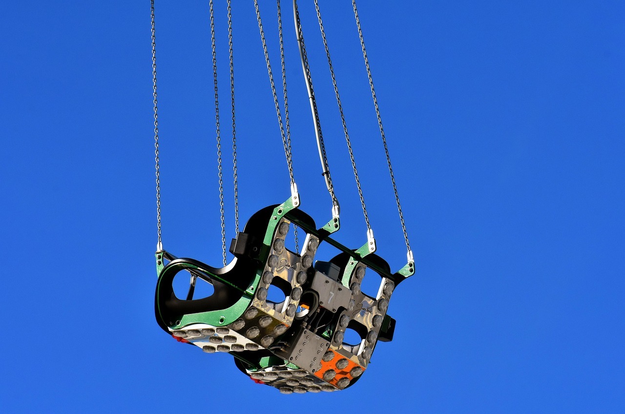 Symbolbild von zwei Sitzen eines Kettenkarussells. im Hintergrund ist blauer Himmel zu sehen.