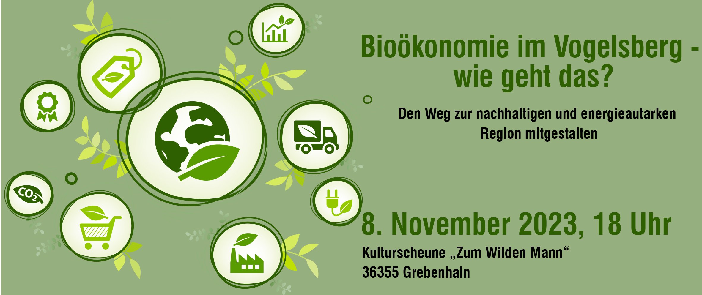Ein Flyer, der zur Info-Veranstaltung Bioökonomie im Vogelsbergkreis am 8. November ab 18 Uhr im Wilden Mann Bermutshain einlädt.