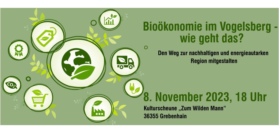 Ein Flyer, der zur Info-Veranstaltung Bioökonomie im Vogelsbergkreis am 8. November ab 18 Uhr im Wilden Mann Bermutshain einlädt.