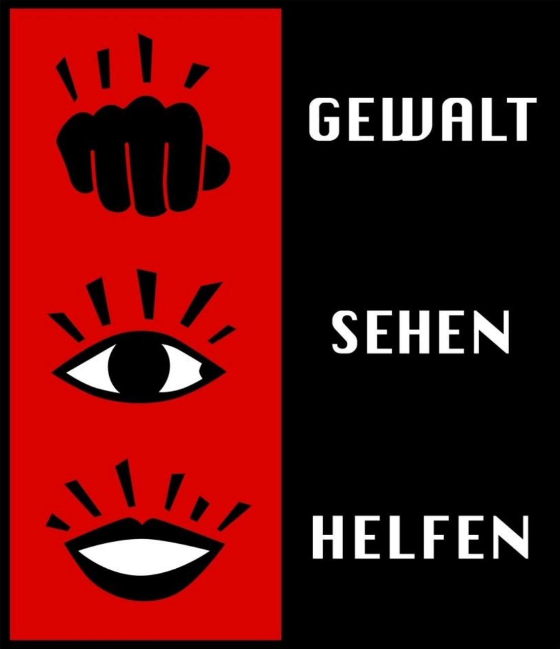 Logo der Initiative Gewalt sehen Helfen. Darauf sind eine Faust, ein Auge und ein Mund sowie die drei Begriffe Gewalt, Sehen, Helfen zu sehen