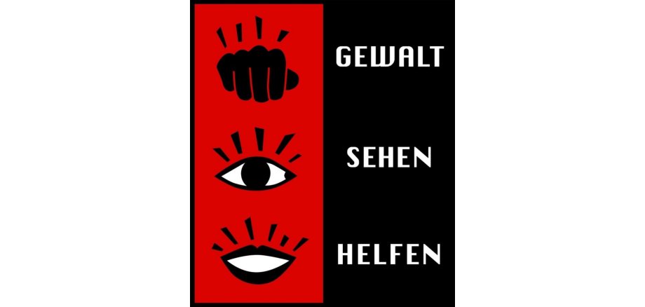 Logo der Initiative Gewalt sehen Helfen. Darauf sind eine Faust, ein Auge und ein Mund sowie die drei Begriffe Gewalt, Sehen, Helfen zu sehen