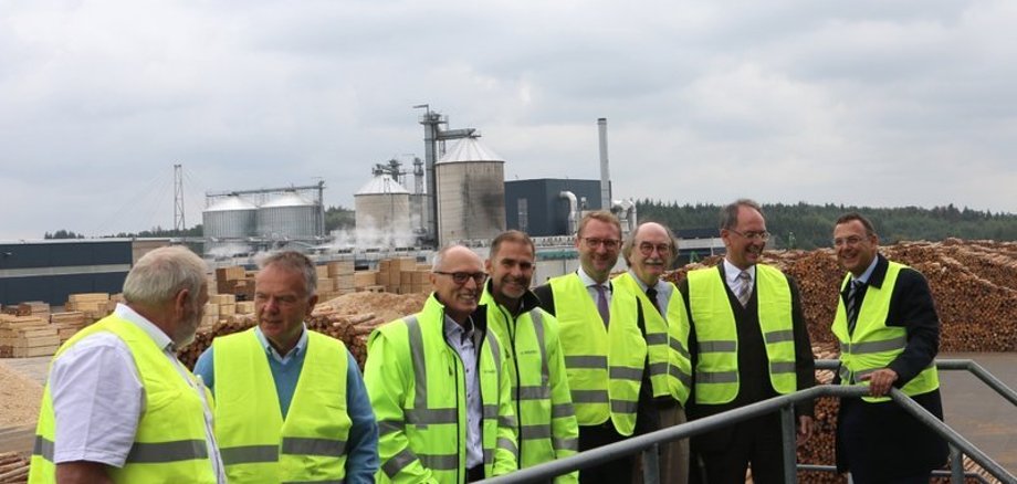 Holzstapel soweit das Auge reicht… Rund 50.000 Festmeter Holz lagern auf dem Gelände der Pfeifer Group in Wallenrod - in nur zehn Produktionstagen wäre das alles verarbeitet. Das Foto zeigt (v. re.) Firmenchef Michael Pfeifer, Regierungspräsident Dr. Christoph Ullrich, Bürgermeister Rainer-Hans Vollmöller, Wirtschaftsdezernent Dr. Jens Mischak, Werksleiter Andreas Schmid, Geschäftsführer Gernot Hormess, Lothar Pietsch (Erster Stadtrat Lauterbach) und Willy Kreuzer (Stadt Schlitz) beim Rundgang über das Betriebsgelände. 