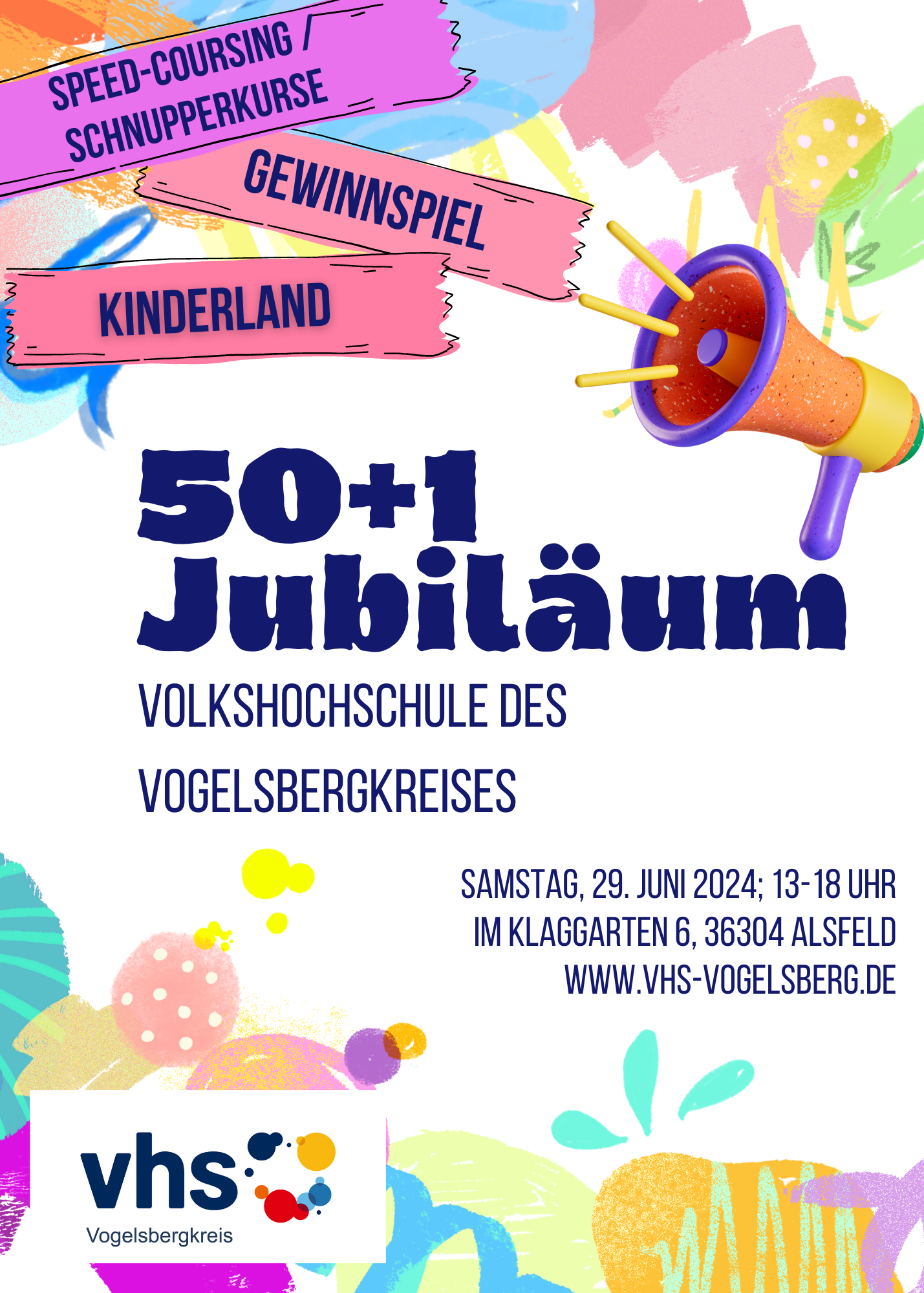 Flyer zum 51. Jubiläum der volkshochschule des Vogelsbergkreises. Der Flyer wirbt für einen Festakt am 29.06.2024.