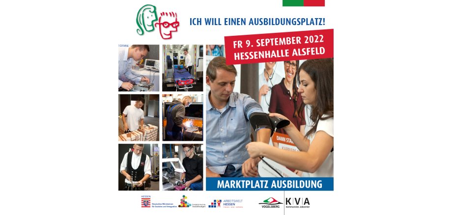 Collage mit Fotos von Berufen, die sich auf der Ausbildungsmesse in der Hessenhalle Alsfeld präsentieren. Die Messe findet am 9. September statt. 