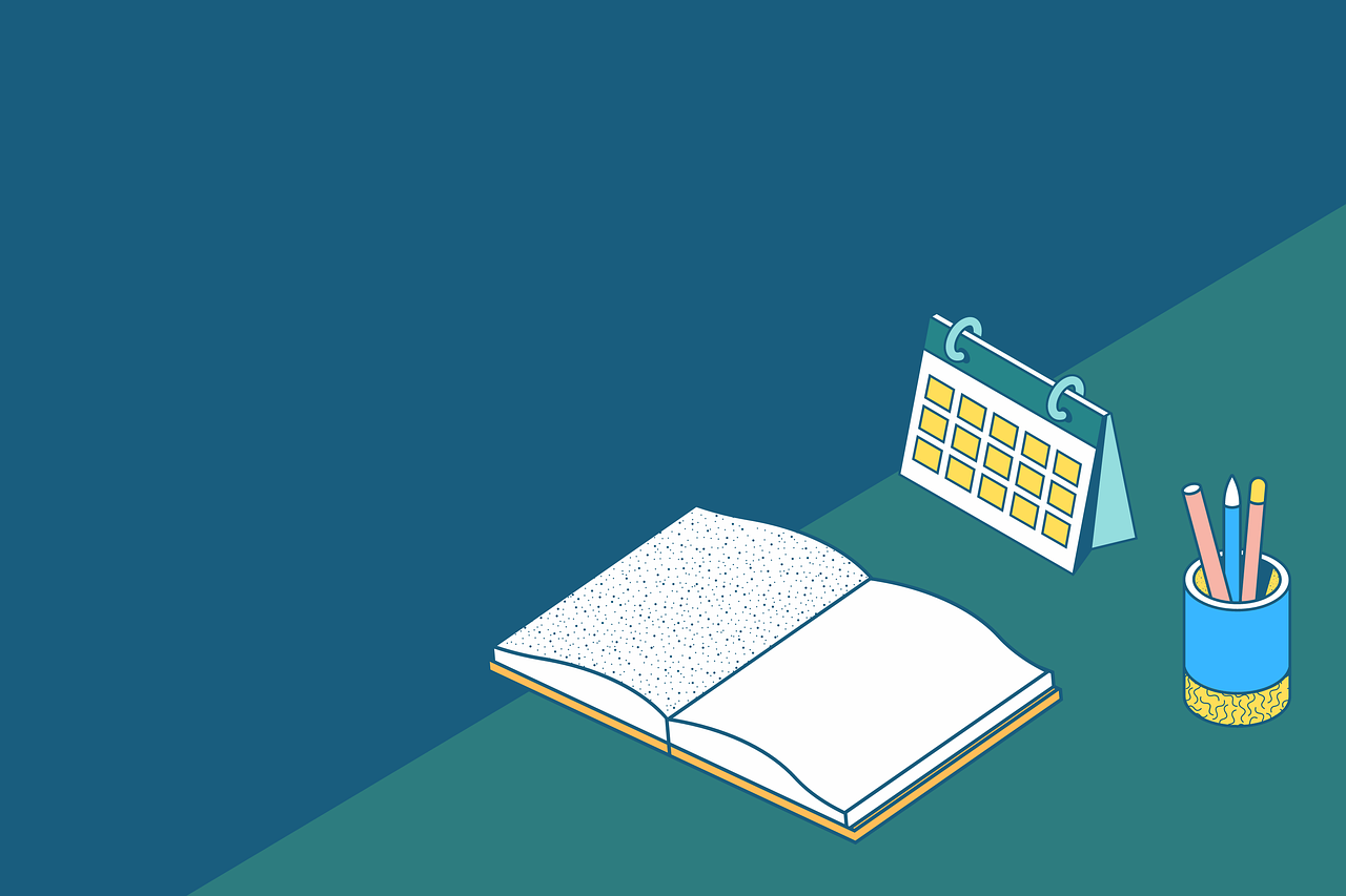 Ein gezeichneter Terminkalender, ein Tischkalender und ein Stifthalter liegen auf einem stilisierten Tisch. 