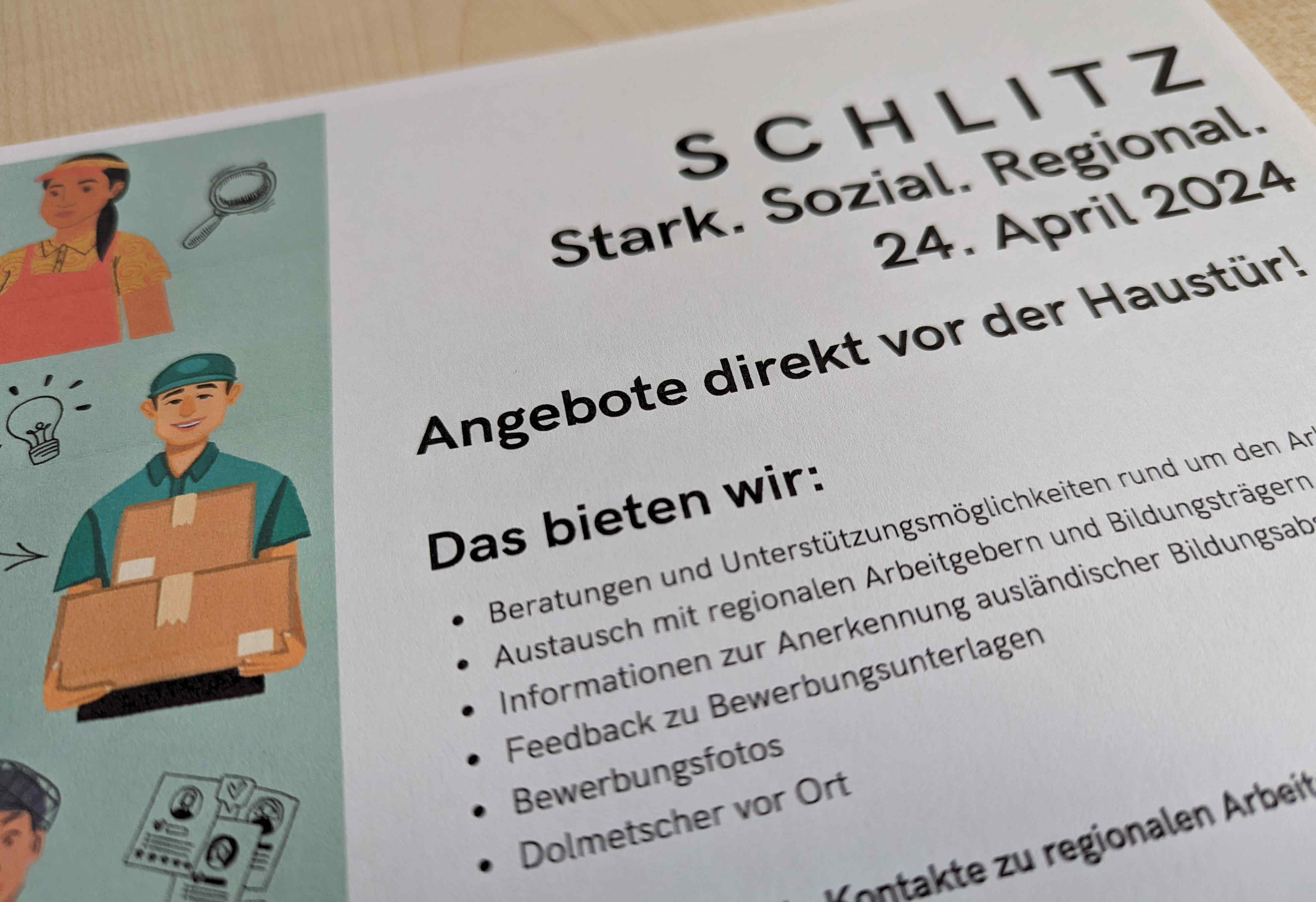 Ausschnitt eines Flyers, der zu einer Mini-Jobmesse in Schlitz einlädt. diese findet am 24. April 2024 im Hahnekiez statt. 