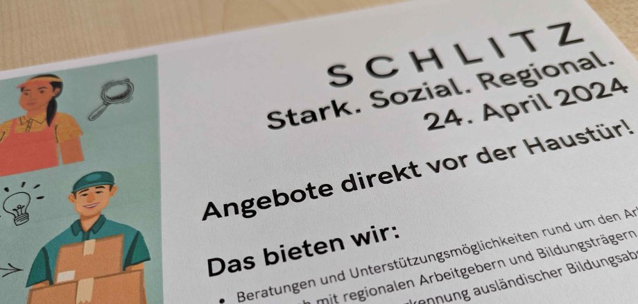 Ausschnitt eines Flyers, der zu einer Mini-Jobmesse in Schlitz einlädt. diese findet am 24. April 2024 im Hahnekiez statt. 