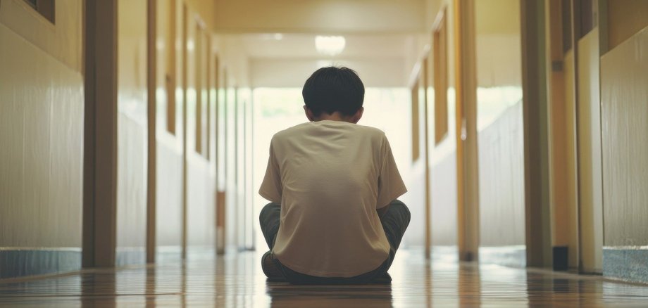 Ein Junge sitzt auf dem Boden eines langen Flures und schaut traurig zu Boden. Rechts und links sind viele Türen zu sehen. Es erinnert an einen langen Flur in einer Schule