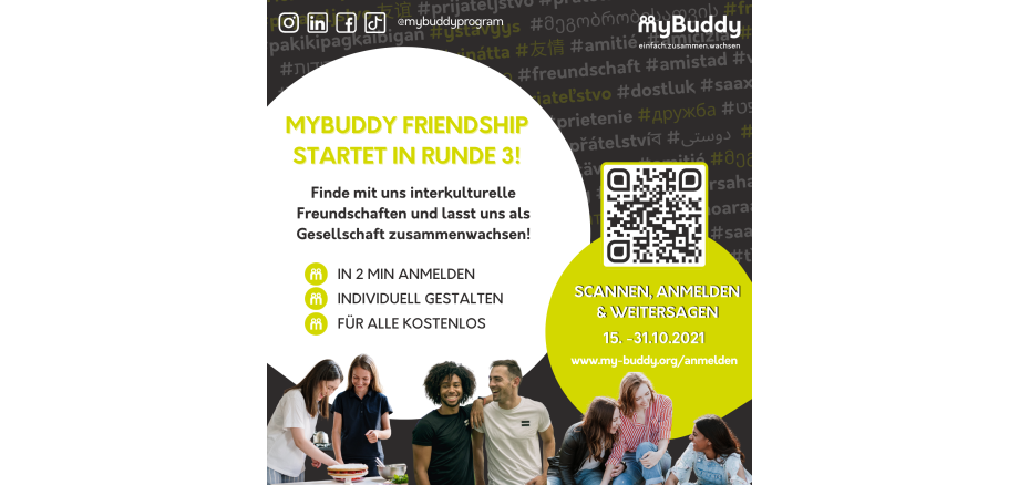 Flyer des My-Buddy-Programms. Junge Menschen sind darauf zu sehen, die sich unterhalten. Es werden interkulturelle Freundschaften vermittelt/beworben.