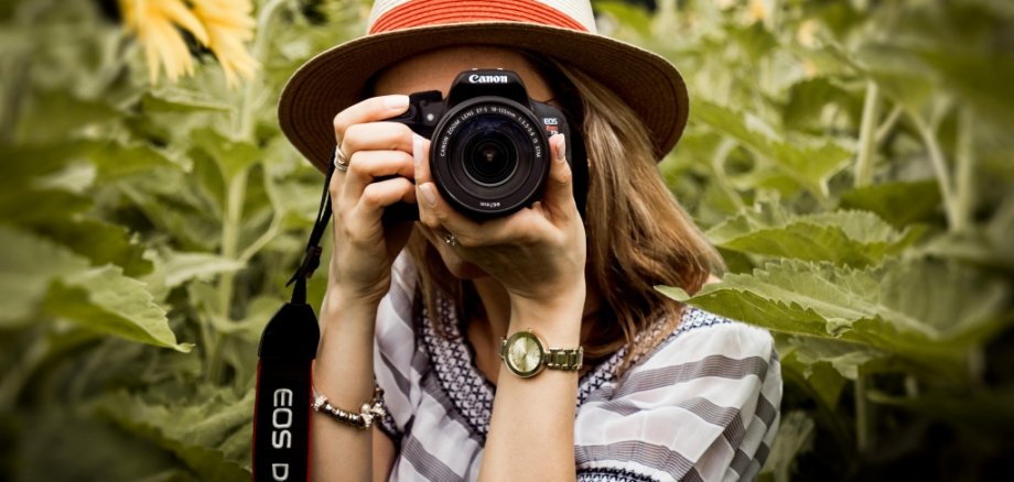 Kreativen Fotospaß verspricht der Workshop des Vogelsberger Jugendamtes, zudem gibt es Infos rund um die digitalen Medien. Eine Frau steht in einem Sonnenblumenfeld und fotografiert.