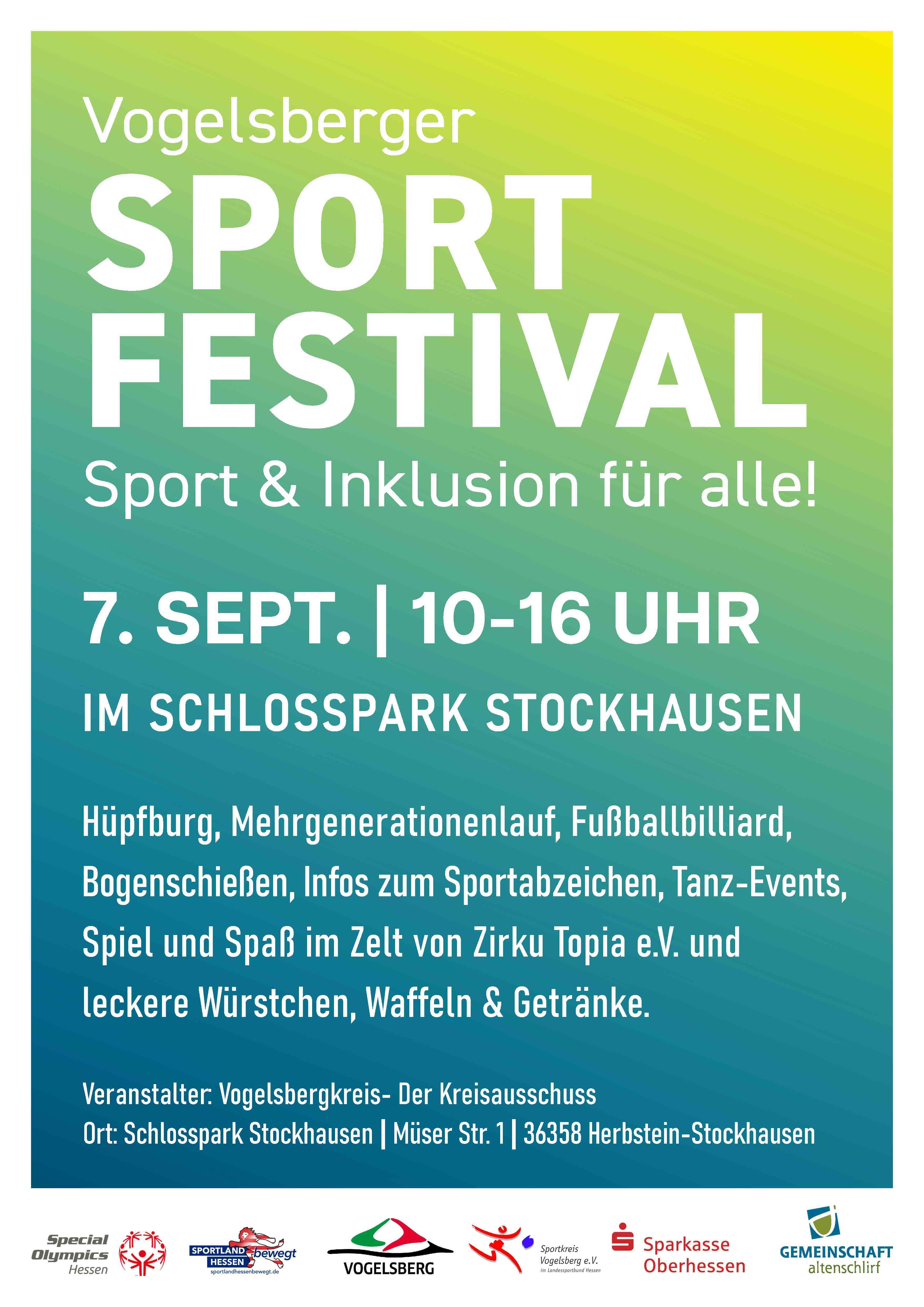 Plakat, das auf ein inklusives Sportfestival am Sonntag, 7. September, aufmerksam macht. Von 10-16 Uhr finden im Schlosspark in Stockhausen viele sportliche Mitmachangebote statt.