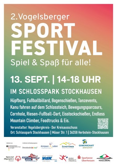 Plakat, das zum 2. Inklusiven Sportfest im Schlosspark Stockhausen einlädt. Dieses findet am Samstag, 13. September 2025 statt.