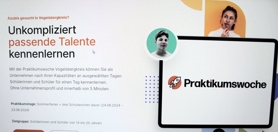 Ein Screenshot der Seite praktikumswoche.de/vogelsberg, Darauf wird für unkomplizierte Berufswahl und Praktika geworben
