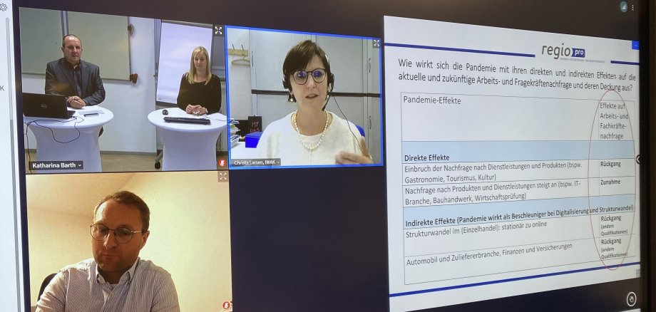 Das Foto zeigt die Teilnehmer einer Videokonferenz auf einem Bildschirm. Matthias Steckenreuter, Katharina Barth, Dr. Christa Larsen und Dr. Jens Mischak sprachen über den Fachkräftemangel im Vogelsbergkreis unter dem Eindruck der Pandemie.