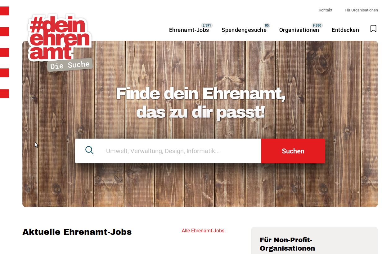 Ein Screenshot zeigt die Homepage der  Ehrenamtssuchmaschine 2.0. Die Seite des Landes hilft dabei, ehrenamtliche Unterstützung zu finden. 