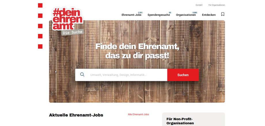 Ein Screenshot zeigt die Homepage der  Ehrenamtssuchmaschine 2.0. Die Seite des Landes hilft dabei, ehrenamtliche Unterstützung zu finden. 