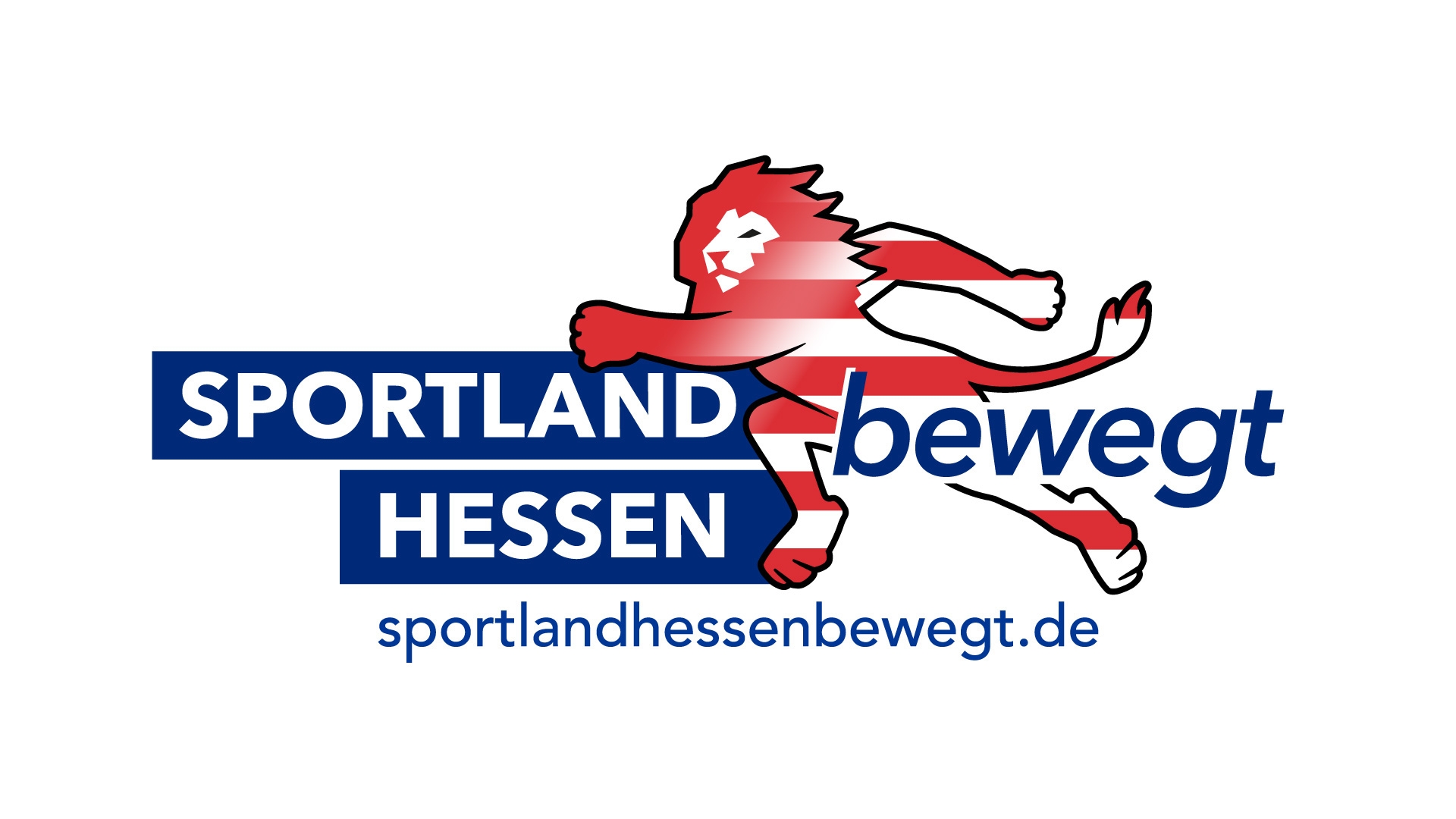 Logo mit dem Schriftzug: Sportland Hessen bewegt. Darauf ist ein stilisierter rot-weiß gestreifter Löwe zu sehen.