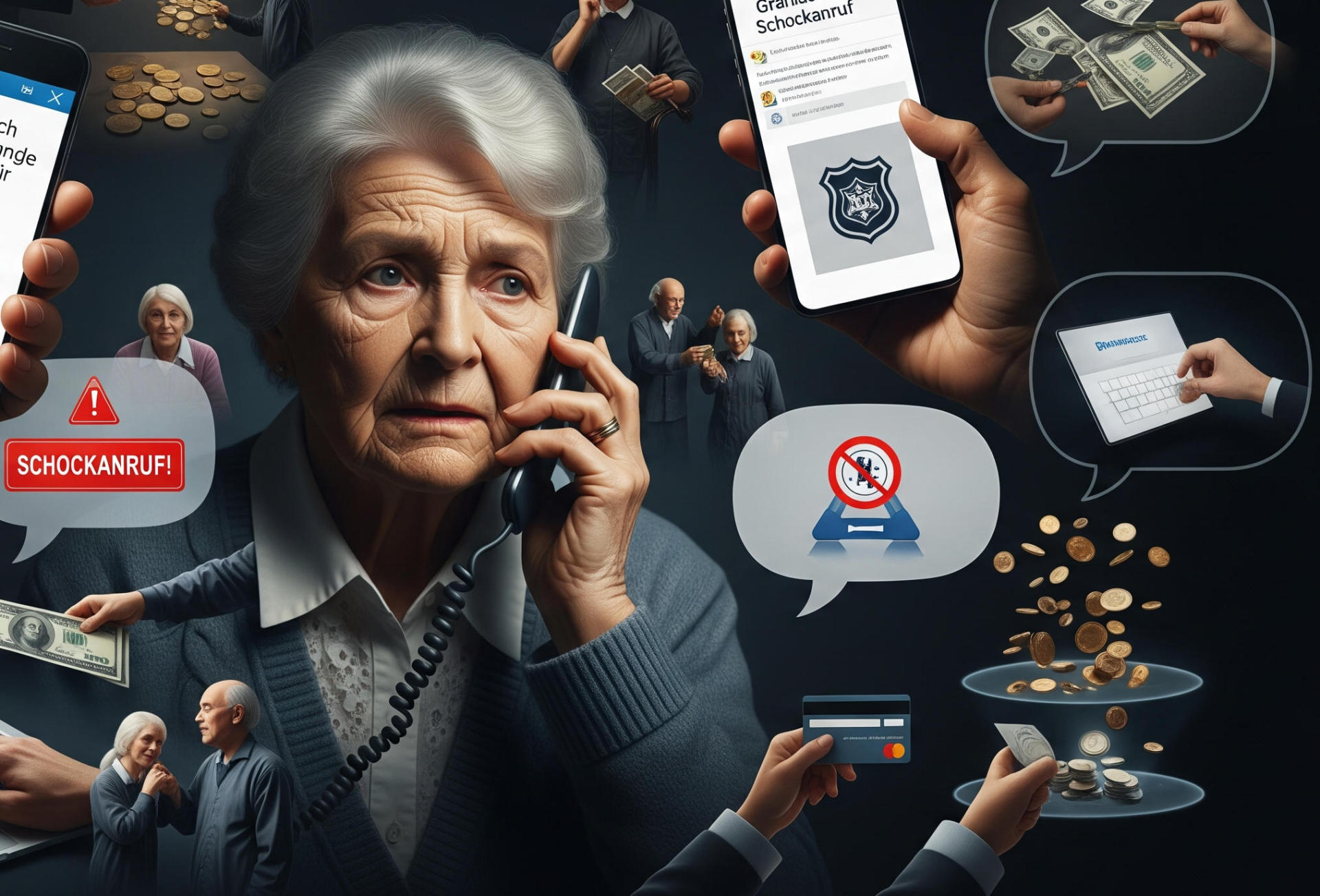 Eine ältere Dame telefoniert. es ist ein KI-generiertes Bild, das einen Schockanruf darstellen soll