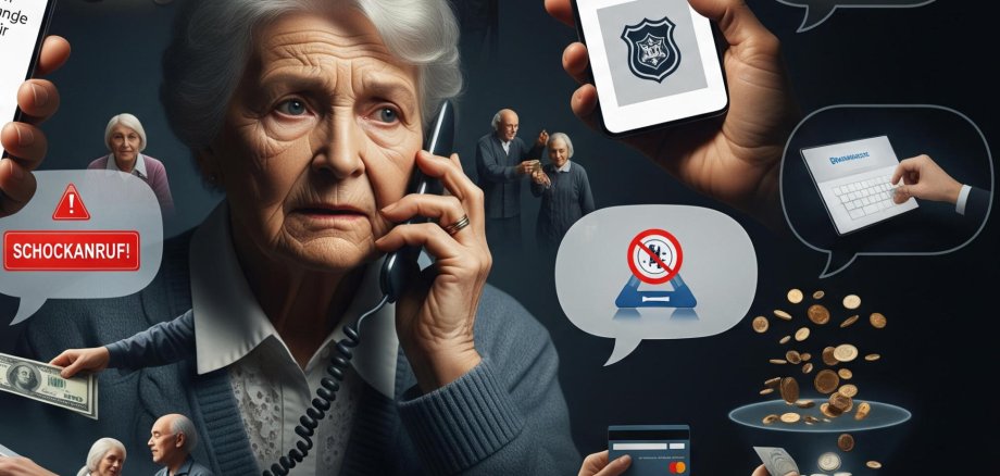 Eine ältere Dame telefoniert. es ist ein KI-generiertes Bild, das einen Schockanruf darstellen soll
