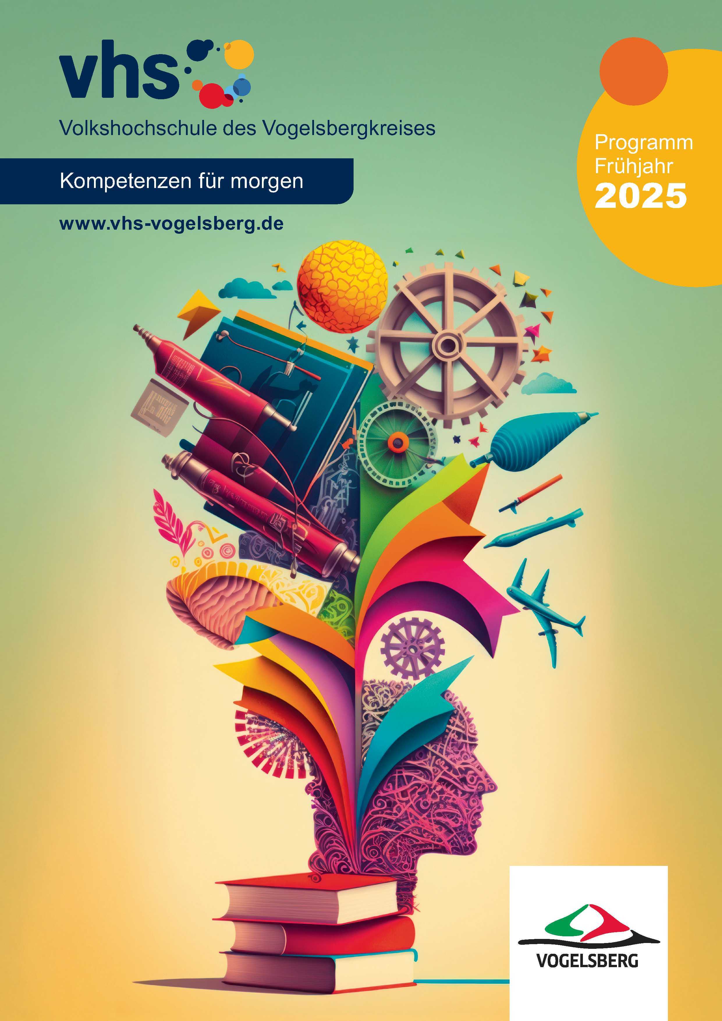 Titel des Frühjahrsprogramms 2025 der vhs. Darauf ist eine bunte Grafik mit verschiedenen Themen zu sehen.