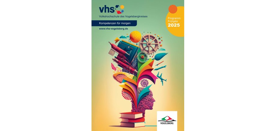 Titel des Frühjahrsprogramms 2025 der vhs. Darauf ist eine bunte Grafik mit verschiedenen Themen zu sehen.