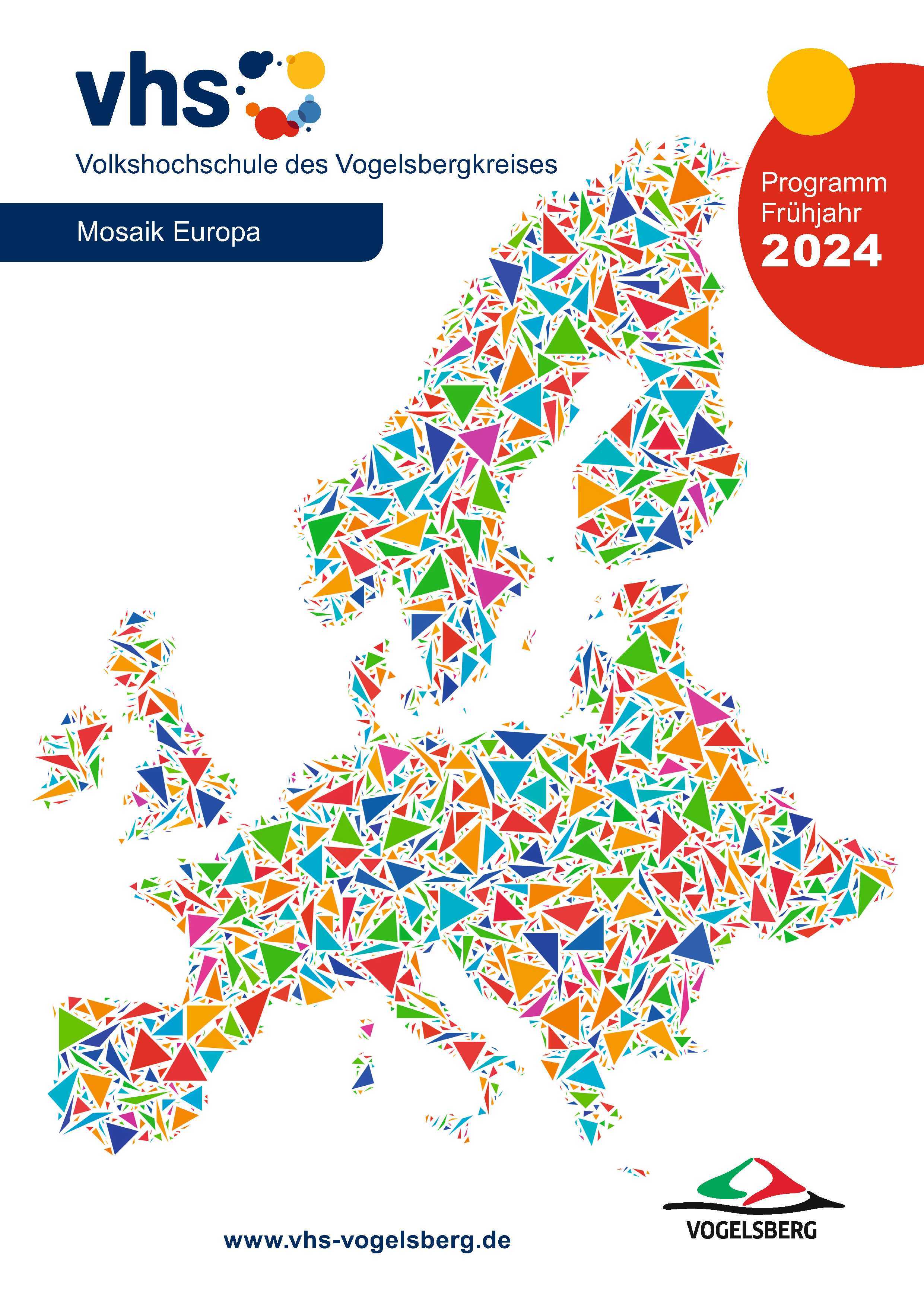 Cover des Frühjahrsprogramms der vhs für 2024. Darauf ist eine bunte stilisierte Karte von Europa abgebildet