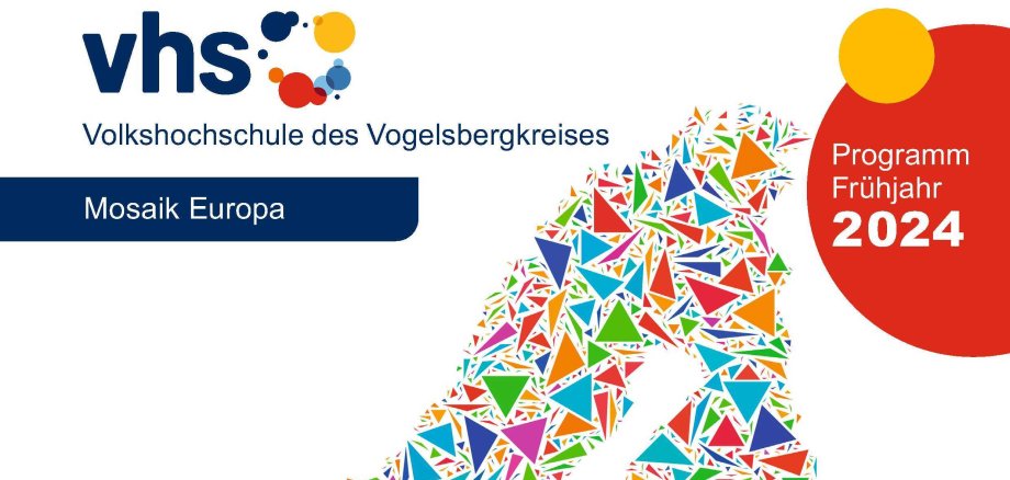 Cover des Frühjahrsprogramms der vhs für 2024. Darauf ist eine bunte stilisierte Karte von Europa abgebildet