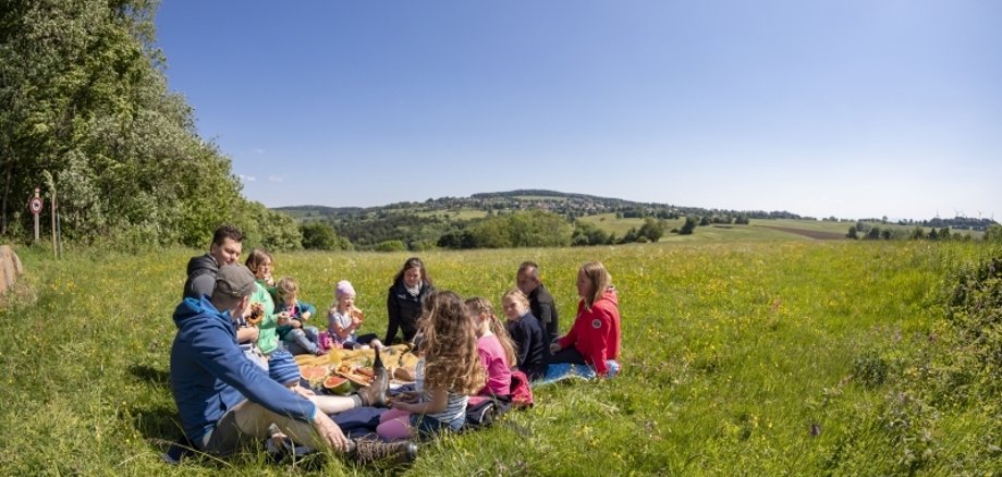drei Familien sitzen in einer Wiese und machen Picknick. Im Hintergrund grüne Wiesen, blauer Himmel und WAld
