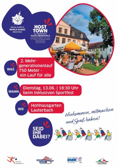 Ein Plakat, das auf einen inklusiven Lauf hinweist. Dieser findet am 13. Juni um 18.30 Uhr beim Inklusiven Sportfest im Hohausgarten in Lauterbach statt.