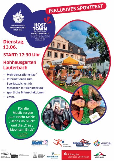 Ein Plakat, das auf ein inklusives Sportfest hinweist. Dieses findet am 13. Juni um 17.30 Uhr im Hohausgarten in Lauterbach statt.