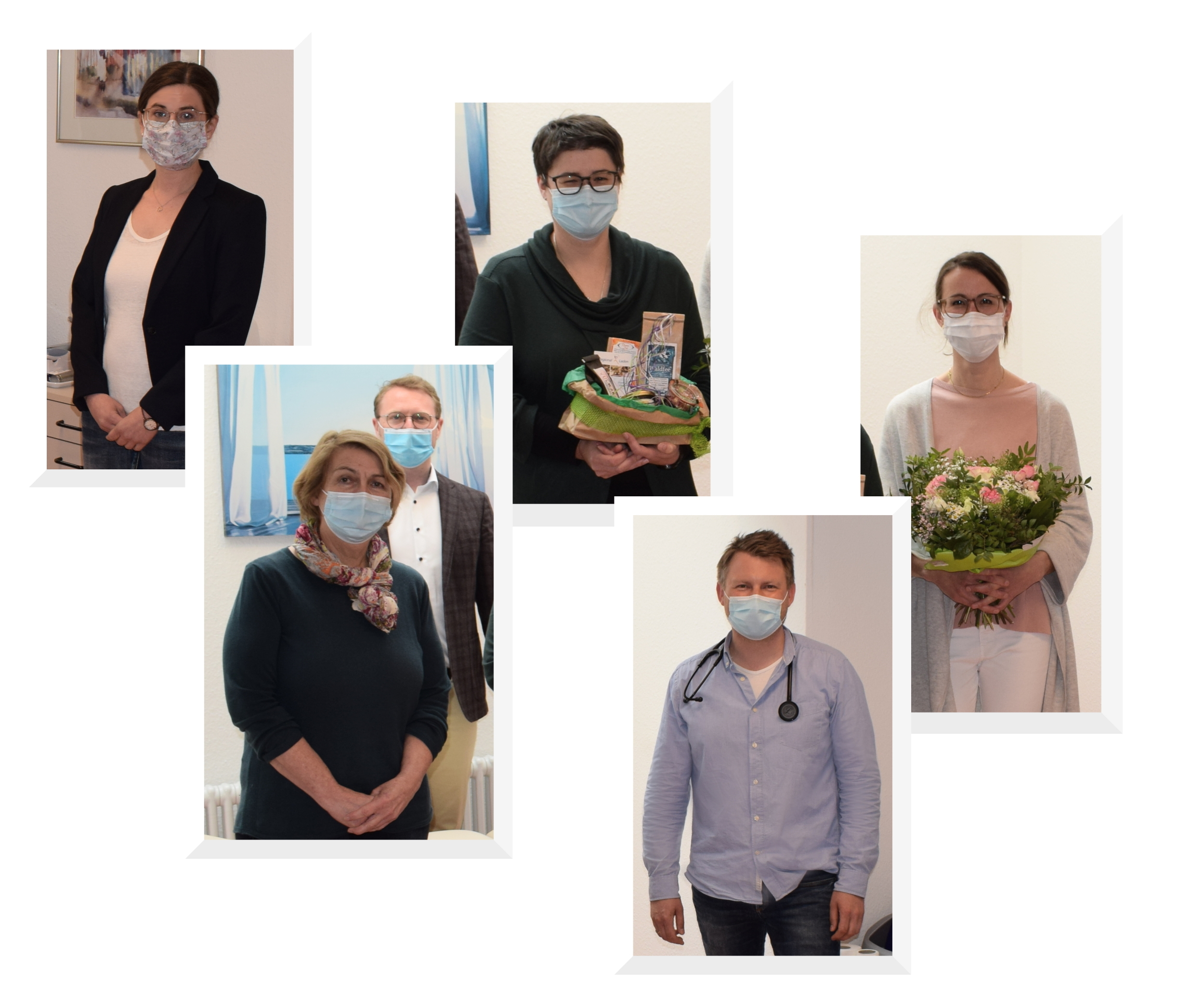Erster Kreisbeigeordneter Dr. Jens Mischak (Dritter von links) begrüßt gemeinsam mit Carina Diezemann von der Fachstelle Gesundheitliche Versorgung (links), Dr. Wiebke Lamers (oben, Mitte) als Weiterbildungsassistentin und gratuliert Dr. Barbara Lips (rechts) zur bestandenen Facharztprüfung. Angela Heuser-Gothe und Dr. Thomas Mai freuen sich über die Verstärkung in der Praxis.
