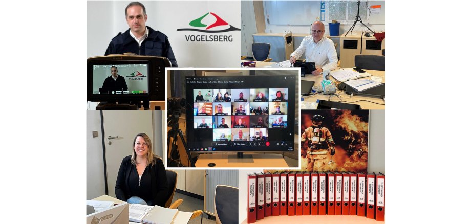 Collage mit 5 verschiedenen Bildern. Oben links Sven Holland in Feuerwehruniform, der in einer videokonferenz ist. Außerdem Heidi Schmidt, Tony Michelis und ein Screenshot von einem Online-Meeting. 