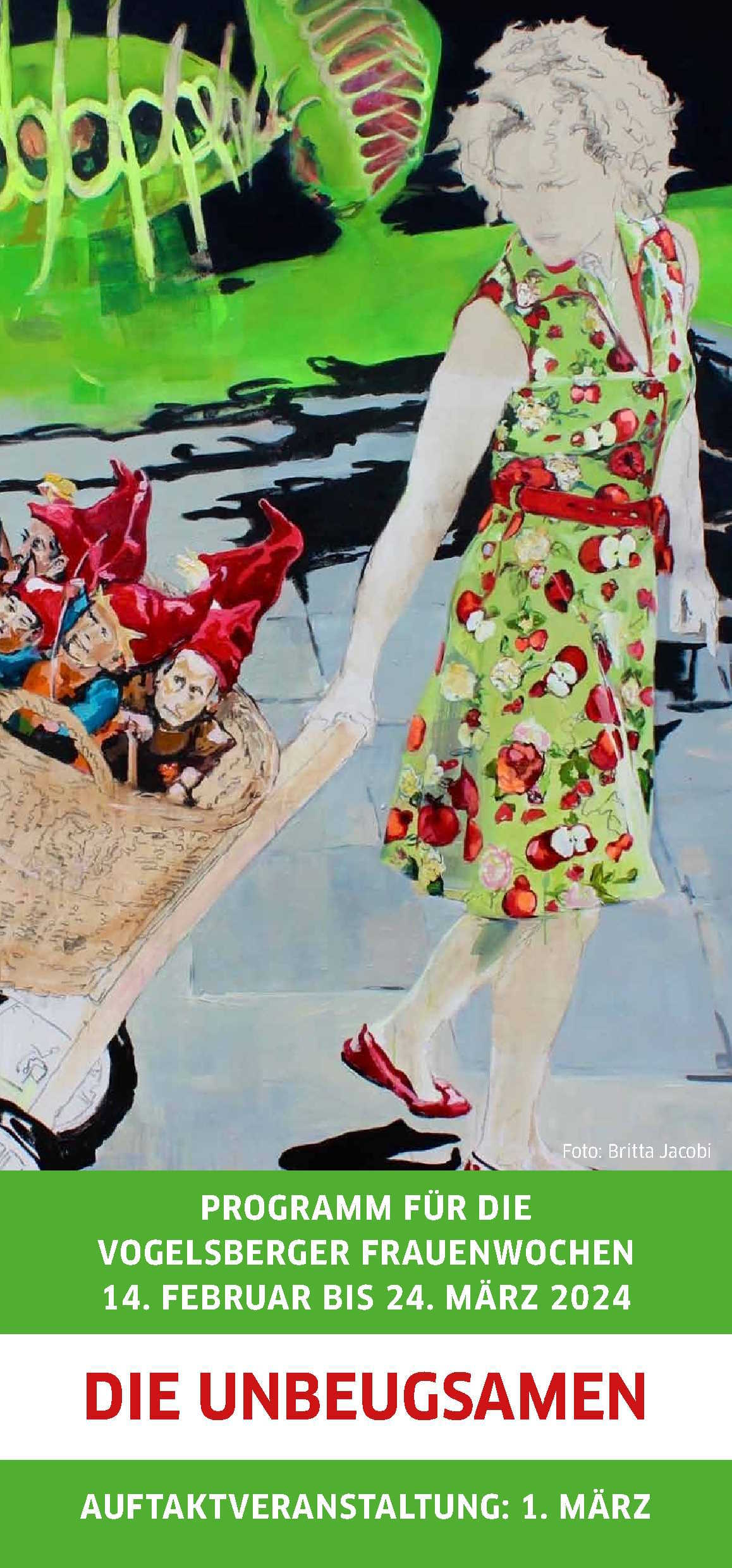 "Die Unbeugsamen" -- Titelseite des Faltblatts zu den Frauenwochen im Vogelsberg. Diese finden vom 14. Februar bis zum 24. März statt.