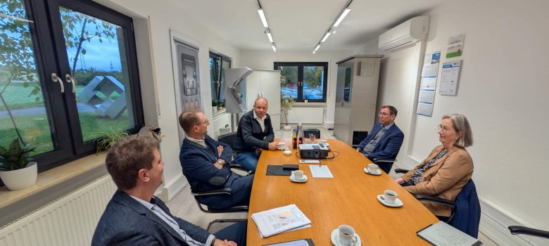 Fünf Personen sitzen an einem Konferenztisch und sprechen miteinander.