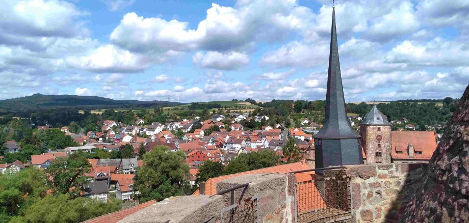 Blick vom Hinterturm über die Dächer von Schlitz. Im Hintergrund sind Felder und Wald zu erkennen. 