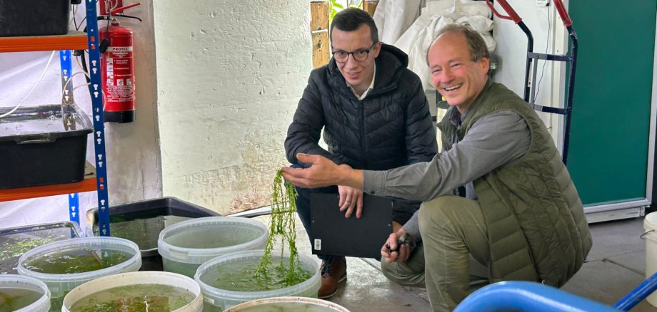Zwei Erwachsene hocken an Bottichen mit Experimenten und lächeln in die Kamera.