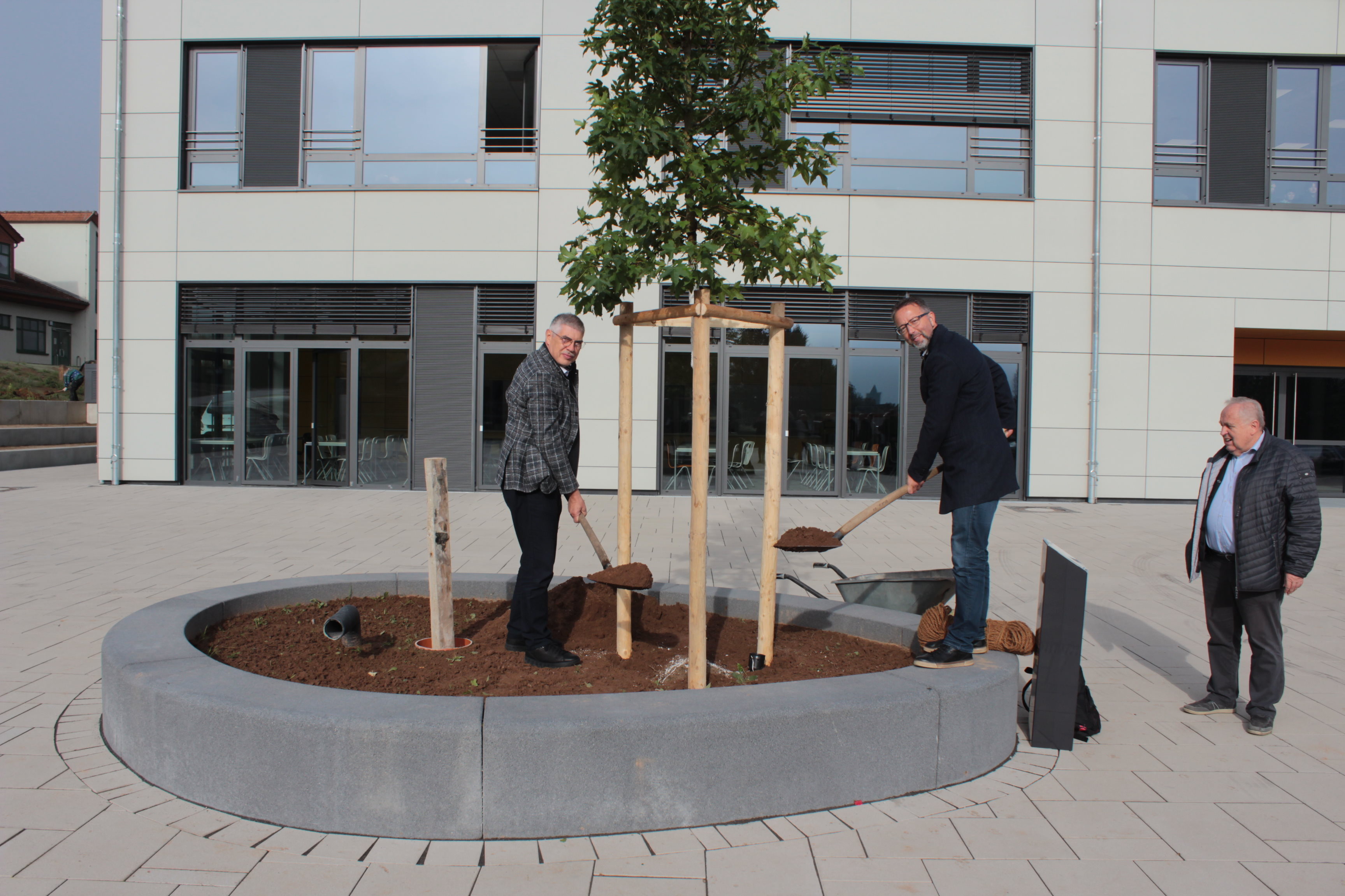 Landrat Görig und LAndrat Tönnies pflanzen gemeinsam einen Baum.