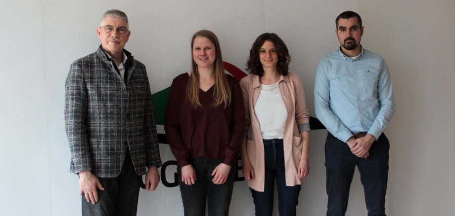 Landrat Manfred Görig (links) gratuliert gemeinsam mit Rene Lippert (von rechts), Leiter des Amtes für Soziales und Ausländerrecht, und Lisa Schlitt, zuständig für die Praxisbetreuung BASS-Studierenden in der KVA – Kommunales Jobcenter, Lisa-Marie Viertelhausen zum Bachelor-Abschluss.