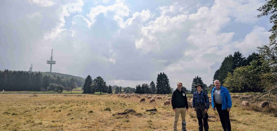 Dr. Jens Mischak (links), Landwirtschaftsdezernent und Erster Kreisbeigeordneter, und Ronny Mohr, Leiter des Amtes für Wirtschaft und den ländlichen Raum, besuchen den Betrieb von Schafhalter Florian Vierheller, der rund um Breungeshain Grün- und Ackerland bewirtschaftet.