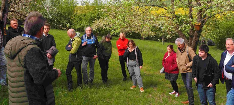 Die Exkursion lauschte auf der Streuobstwiese in Strinz-Margarethä den Ausführungen des ehemaligen Bürgermeisters Hans-Jürgen Finkler. Er informierte zu den Besonderheiten der Streuobstwiese mit alten und besonderen regionalen Sorten, wie etwa dem Speierling.im Hintergrund sind ein blühender Obstbaum, Wiesen und Hecken zu sehen.